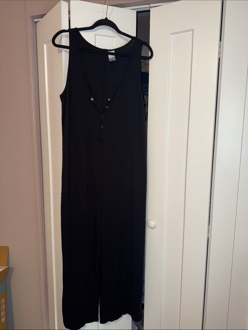Black Sleeveless Jumpsuit with Henley Neck and button Front size XL
